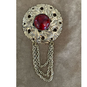 Vintage Gold Tone Brooch with Red Faux Stone Center